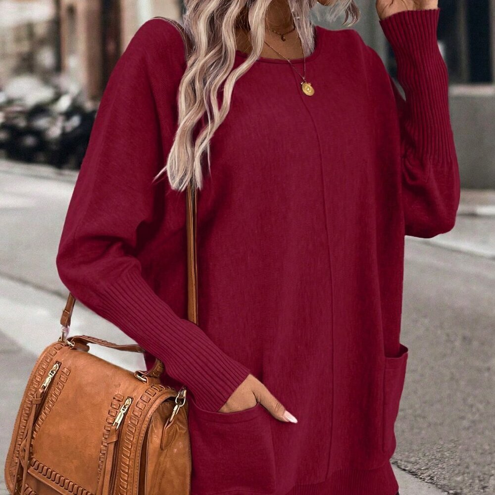 Burgundy Casual Women's Batwing Sleeve Double Pocket Sweater